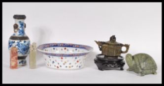 A collection of Chinese items to include a soap stone octagonal Kang Xi teapot with incised