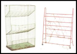 A vintage retro 20th Century wire mesh three tier vegetable rack together with a metal coated