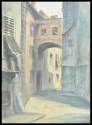 A mid 20th Century oil on canvas painting depicting a street scene in the manner of Winston