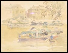 L. K. Tan - A 20th Century watercolour painting on paper depicting a water scene with floating barge