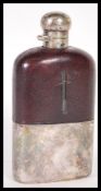 A silver plated and leather bound hip flask Mappin & Webb with silver plated socketed hinge lid