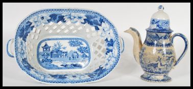 Two pieces of early 19th Century English Georgian blue and white pearlware consisting of a rare bell