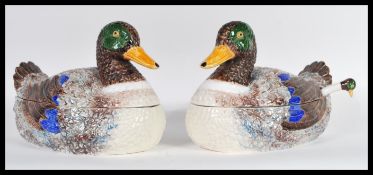 PAIR OF 20TH CENTURY LARGE BORDALLO PINHEIRO MAJOLICA DUCK TUREENS