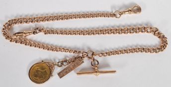 A 9ct gold hallmarked fob / pocket watch chain with T-Bar and two lobster clasps having an 1872