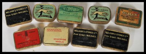 A group of nine vintage 20th Century Gramophone needle cases to include Dymax, Meldon's Stores