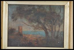 A 19th Century oil on board painting of a continental probably mediterranean scene of a wind swept