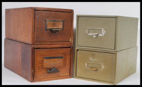 Four vintage retro 20th century desk index filing drawers, one pair having wooden construction
