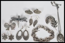 A selection of vintage silver and marcasite jewellery to include a pair of Art deco style drop