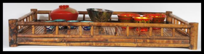 A collection of Chinese items to include a bamboo tray together with 4 blue enamel and flower