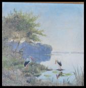 A 19th Century oil on canvas painting depicting storks and foliage set to an ornate gilt scrolled