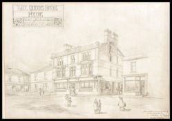 An early 20th Century Edwardian framed and glazed architects plan for The Queens Hotel Hyde. The pen