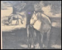 A 20th Century framed and glazed charcoal on paper drawing of the ponies of the New Forest , set