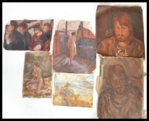 A collection of paintings on canvas to include two oil on canvas paintings of female nudes in the