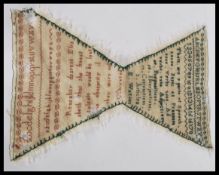 An unusual 19th Century school needlework embroidery sampler of angular hour glass shape embroidered
