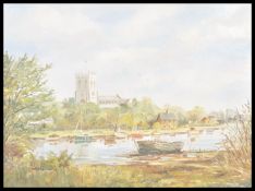An oil on canvas painting by Dorset artist Denys Garle depicting a church from the river bank,