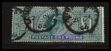 Great Britain stamp.1902 Edward VII £1 High Value. Used with dated 1905 handstamps. Gibbons Cat £
