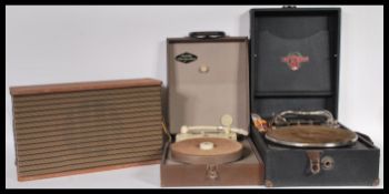 A vintage cased picnic table top gramophone record player along with another record player and a