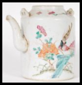 A 19th Century Chinese porcelain teapot having hand painted decoration depicting a cockerell and