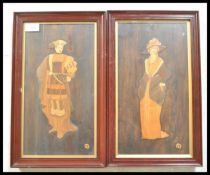 A pair of framed and glazed specimen wood inlaid pictures, the woods to include Rosewood, fruitwood,