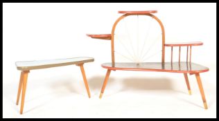 A pair of retro vintage 20th century coffee / side tables having blue melamine top with marble