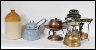 A vintage enamel Quaker Oats 3 piece cooker together with a stone ware flagon marked for WF Larkin