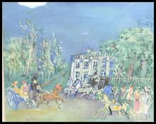 A framed and glazed Jean Dufy colourful print picture depicting horses and carriages in front of a