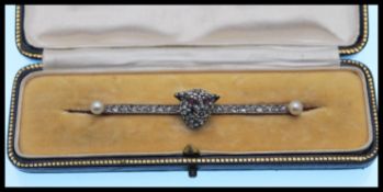A 19th Century Victorian gold, diamond and pearl bar brooch having a modelled fox head to the