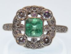ART DECO WHITE GOLD AND EMERALD DIAMOND RING