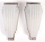 1930'S ART DECO ANTIQUE MILK GLASS STEPPED FAN WALL LIGHTS