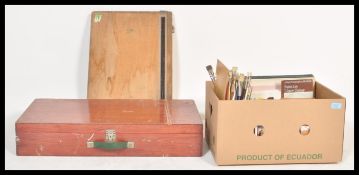 A good large collection of art artist supplies including boxed easel, metamorphic easel, various