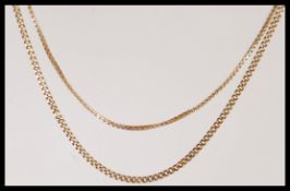 Two stamped 375 9ct gold necklace chains having spring ring clasps to include a box chain and a curb