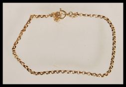A 9ct gold rolo belcher link bracelet chain with 9ct gold safety cahin and bolt ring clasp. Weighs