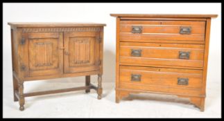 Two early 20th Century chest of drawers to include a low Arts and Crafts oak example with carved