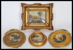 A group of four oil on copper paintings set to ornate gilt frames consisting of a pair of oval