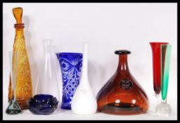 A group of vintage retro 20th Century studio art glass to include a Holmegaard amber glass decanter,