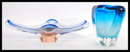 A vintage retro 20th Century Whitefriars studio art glass kingfisher blue vase of large form in