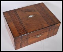 A 19th Century Victorian Tunbridge ware wooden sewing box having banded wooden inlay and mother of