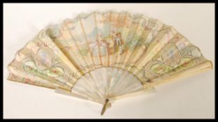 A 19th Century Victorian Duvelleroy London mother of pearl handled silk hand fan having hand painted