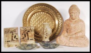 A collection of Chinese and Asian items to include carved soapstone figural pieces, a studio pottery