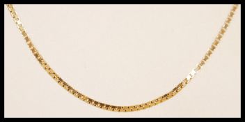 A hallmarked 9ct gold box link necklace chain having a bolt ring clasp. Weighs 7.8 grams, chain