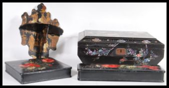A 20th Century Edwardian lacquered inlaid sewing / work box, decorated with birds and fauna,