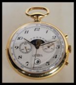 A vintage Gradus chronograph pocket watch having a white enamel dial with twin calendar apertures