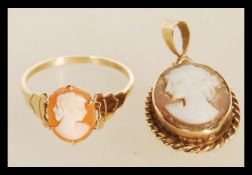 A stamped 9ct gold ring set with a pink and white stone cameo (size P.5) along with a cameo