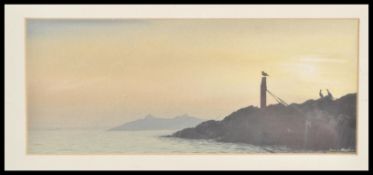 A late 20th Century watercolour painting depicting a coastal silhouette of rocky cliffs and sea
