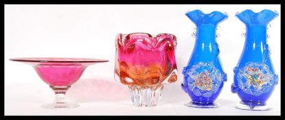 A group of vintage retro 20th Century studio art glass to include a pair of Murano end of day blue