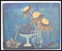 A mid 20th Century late 1960's still life print on board depicting a still life of a vase of flowers