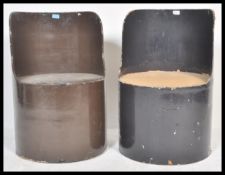 A pair of retro brown mid century barrel stools together with a pair of deck chairs, 2 1950's