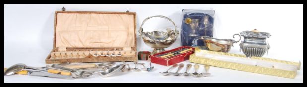 A collection of silver plate and plated wares to include lidded sugar bowl with lion mask handles,