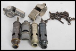 A selection of whistles dating from the 19th Century to include a Victorian railway whistle, a