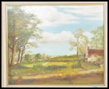 A 20th Century English School oil on board painting of a country landscape as seen from the river